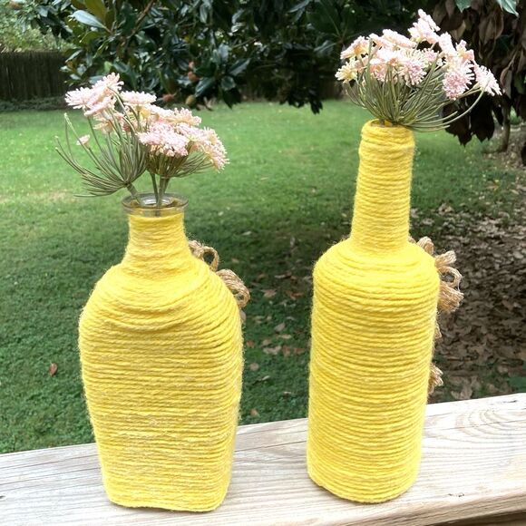 Bud Vases Recycled Glass Flower Yarn Wrapped Yellow Brown Green Set of 2 - Picture 8 of 14